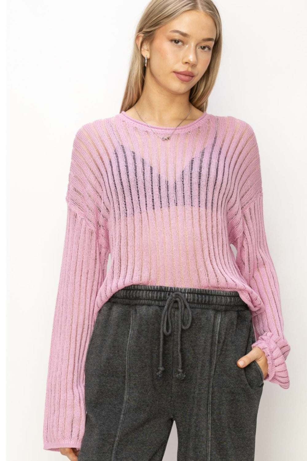 HYFVE Openwork Ribbed Long Sleeve Knit Top HYFVE Openwork Ribbed Long Sleeve Knit Top - TopFashionHQ