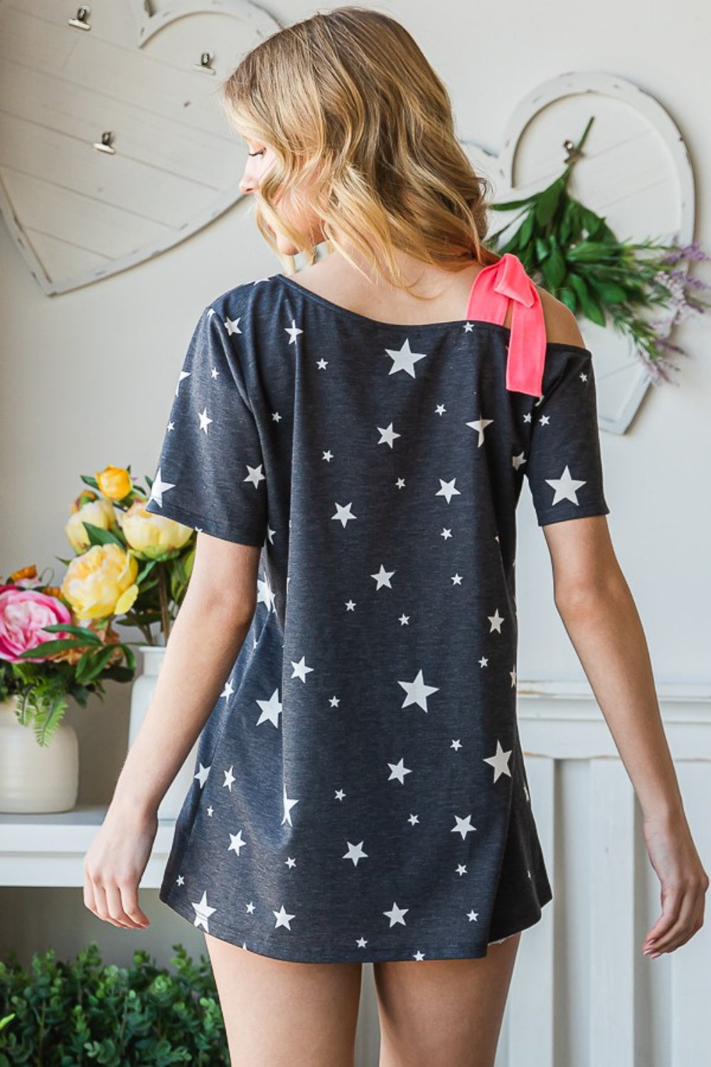 Heimish Full Size Star Print Asymmetrical Neck Short Sleeve Top Heimish Full Size Star Print Asymmetrical Neck Short Sleeve Top - TopFashionHQ