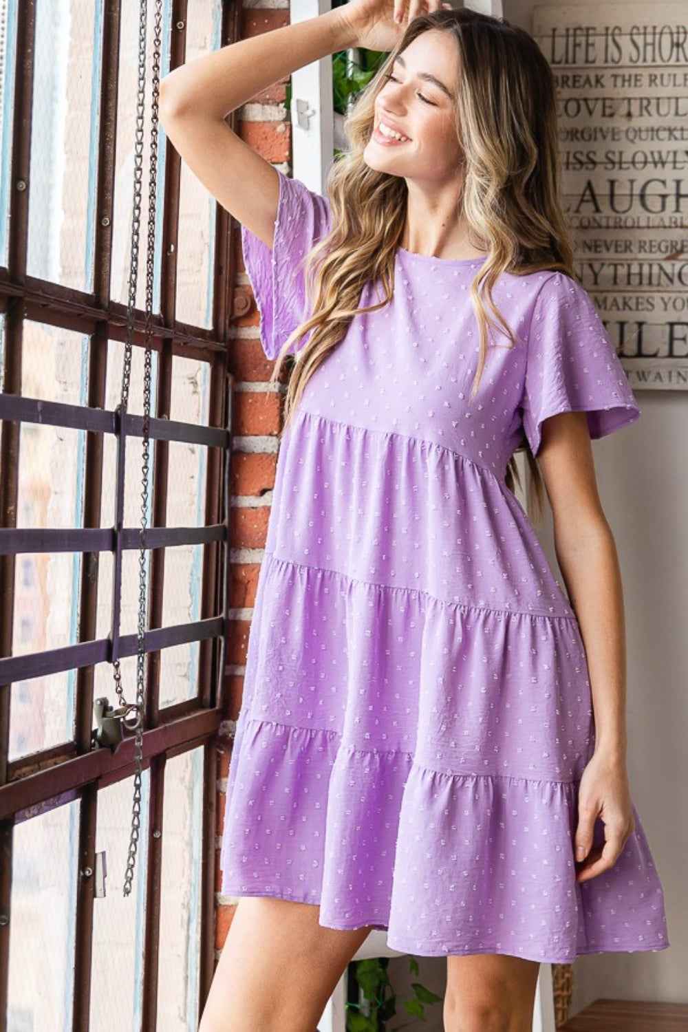 Heimish Full Size Swiss Dot Short Sleeve Tiered Dress Heimish Full Size Swiss Dot Short Sleeve Tiered Dress