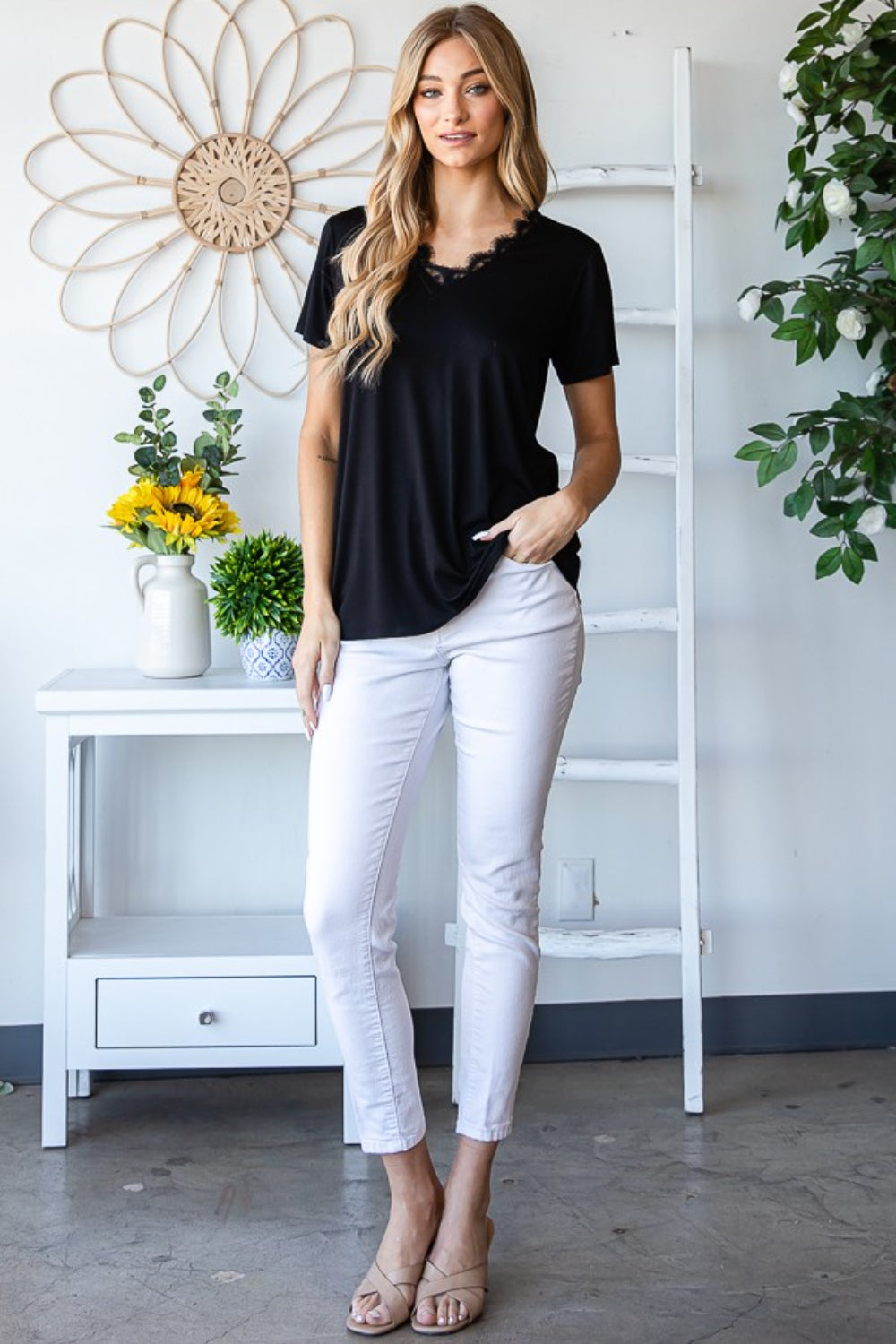 Heimish Lace Detail V-Neck Short Sleeve T-Shirt Heimish Lace Detail V-Neck Short Sleeve T-Shirt - TopFashionHQ