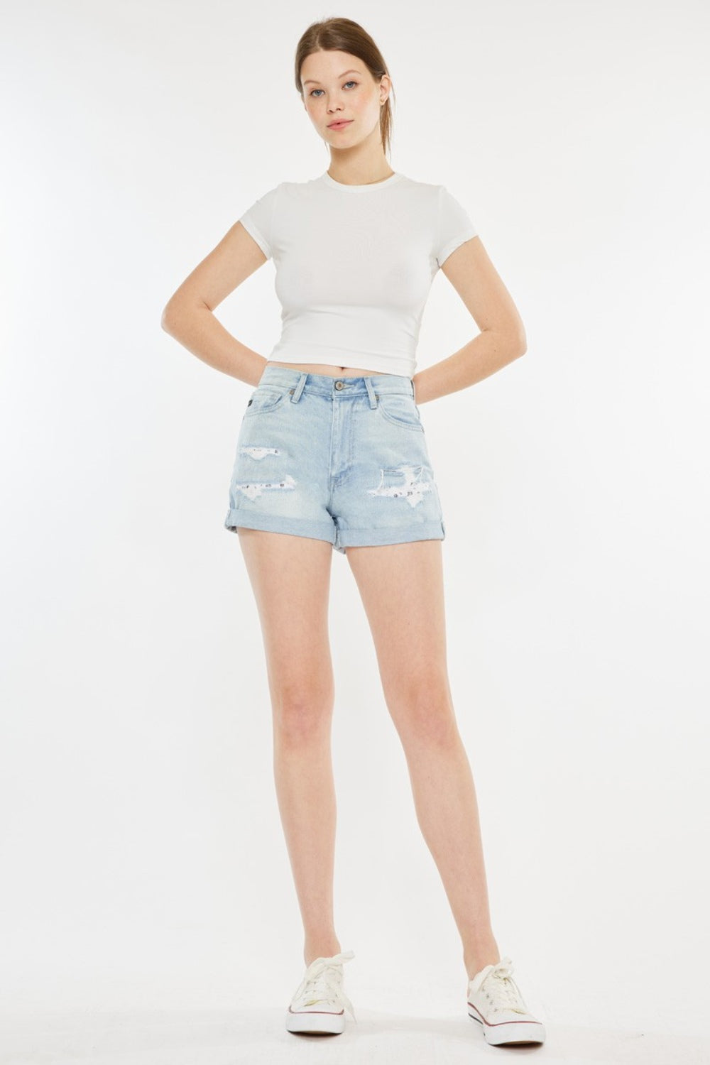 Kancan High Rise Repaired Mom Denim Shorts Kancan High Rise Repaired Mom Denim Shorts - TopFashionHQ