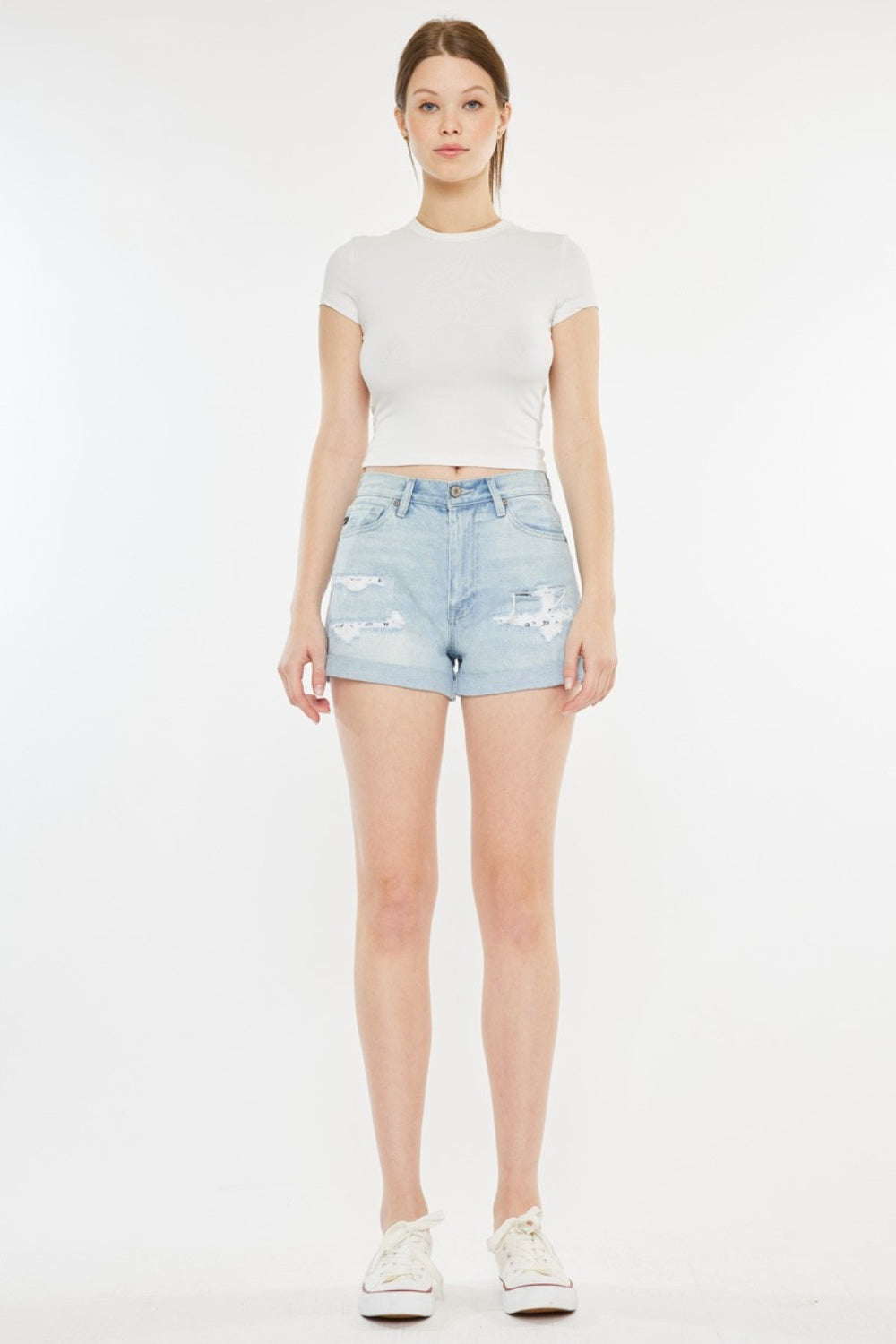 Kancan High Rise Repaired Mom Denim Shorts Kancan High Rise Repaired Mom Denim Shorts - TopFashionHQ