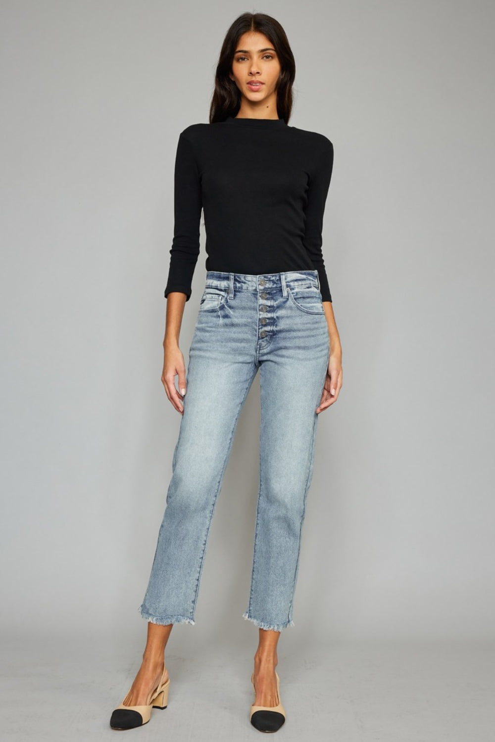 Kancan High Waist Button Fly Raw Hem Cropped Straight Jeans Kancan High Waist Button Fly Raw Hem Cropped Straight Jeans - TopFashionHQ