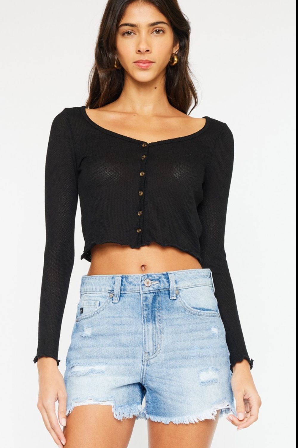 Kancan High Waist Frayed Denim Shorts Kancan High Waist Frayed Denim Shorts - TopFashionHQ