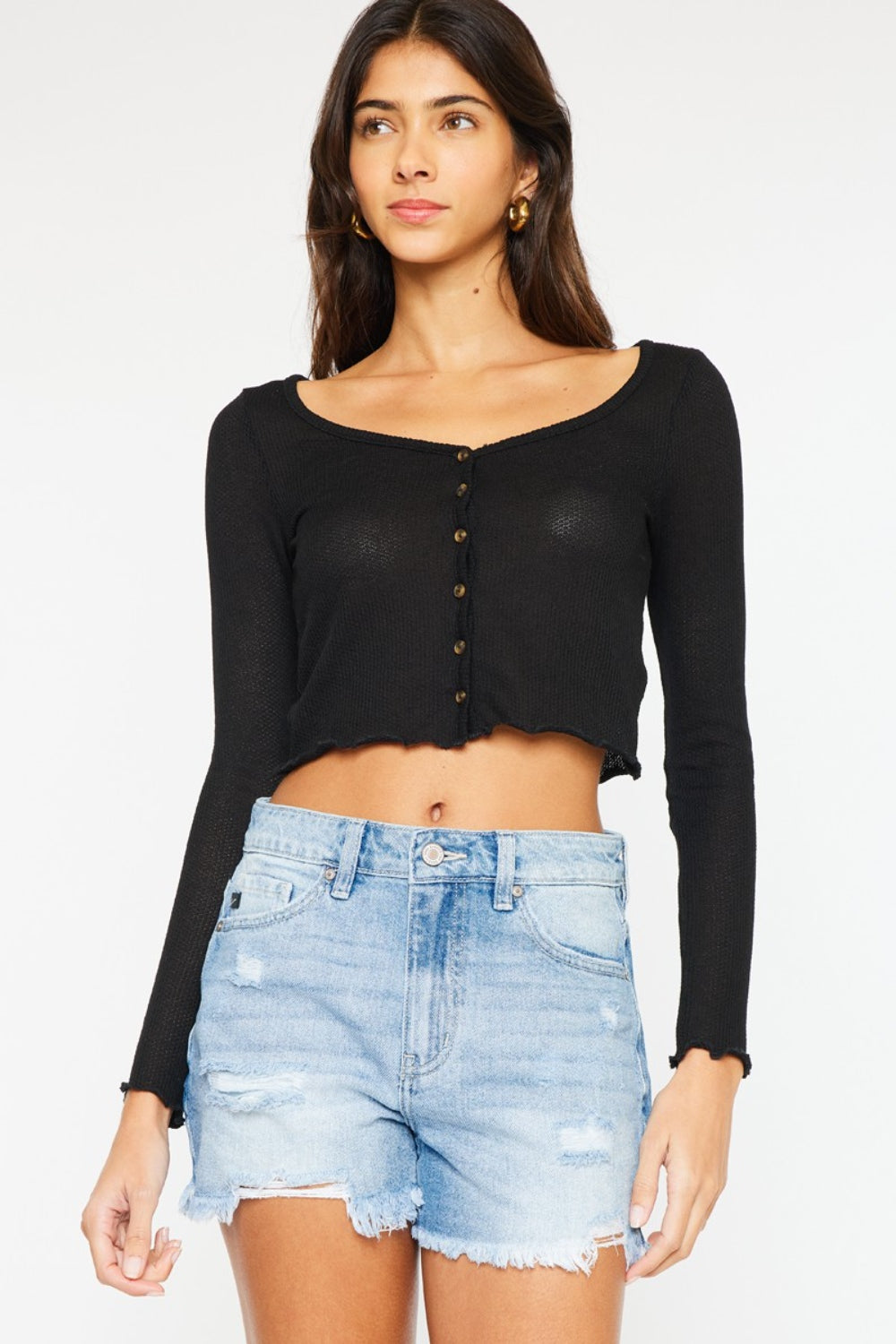 Kancan High Waist Frayed Denim Shorts Kancan High Waist Frayed Denim Shorts - TopFashionHQ