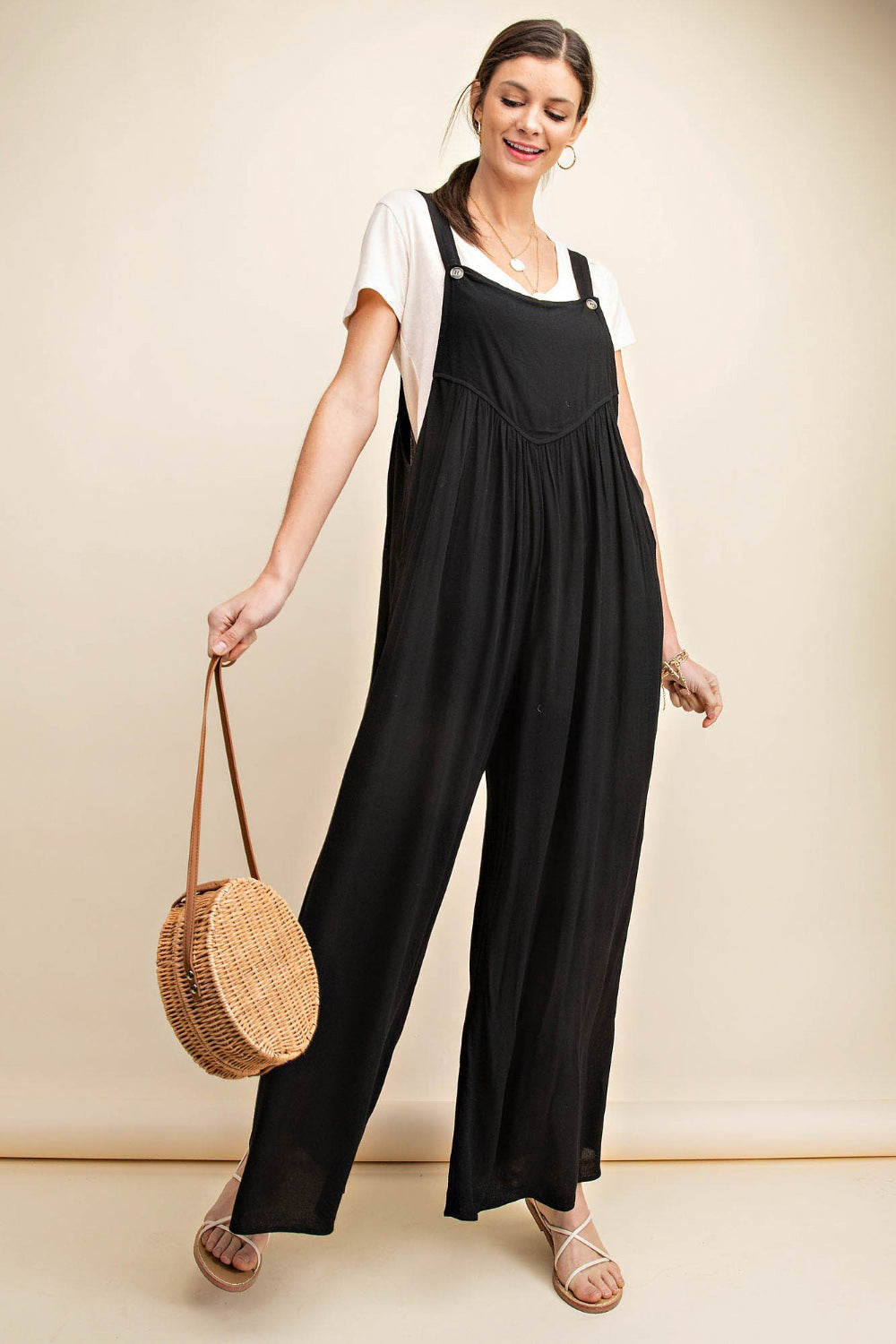 Kori America Full Size Sleeveless Ruched Wide Leg Overalls Kori America Full Size Sleeveless Ruched Wide Leg Overalls - TopFashionHQ