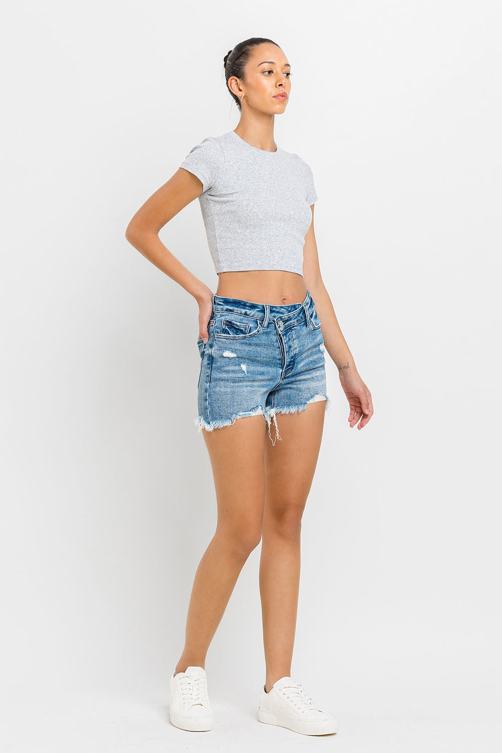Lovervet Stepped Waist Raw Hem Denim Shorts Lovervet Stepped Waist Raw Hem Denim Shorts - TopFashionHQ