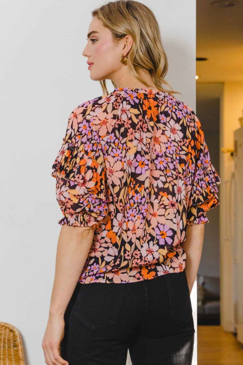ODDI Full Size Floral Tie Neck Ruffled Blouse ODDI Full Size Floral Tie Neck Ruffled Blouse