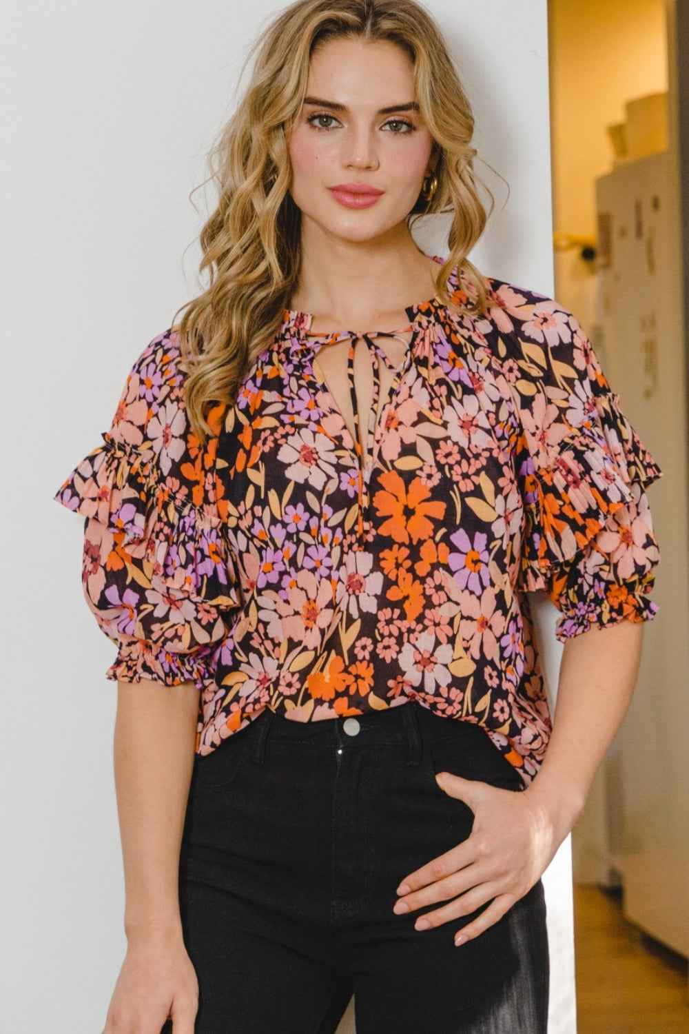 ODDI Full Size Floral Tie Neck Ruffled Blouse ODDI Full Size Floral Tie Neck Ruffled Blouse