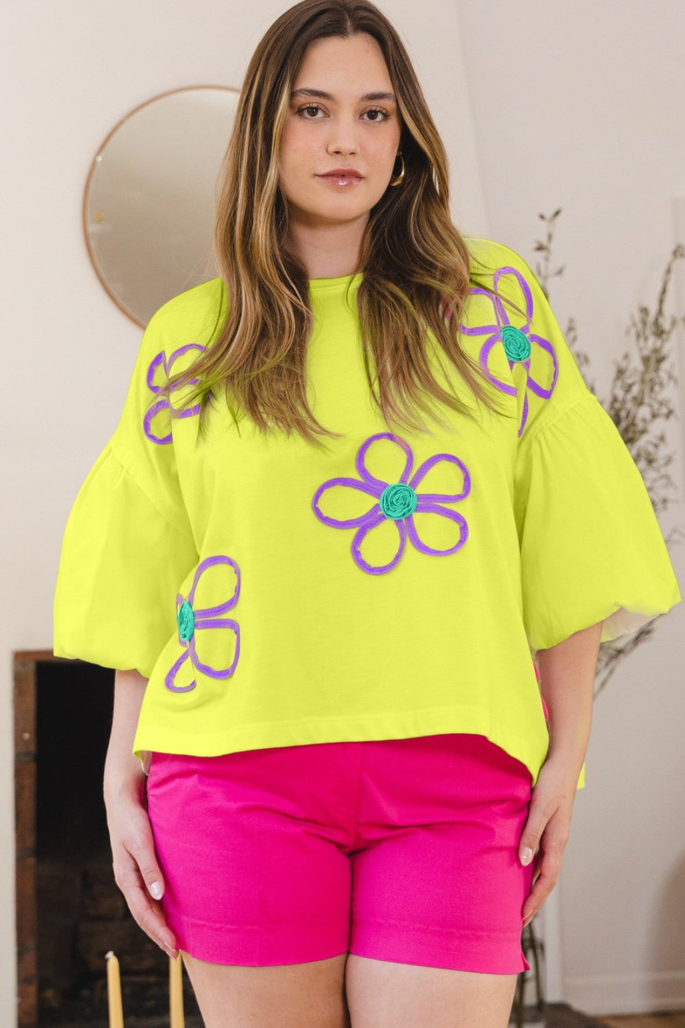 ODDI Full Size Flower Embroidery Detail T-Shirt ODDI Full Size Flower Embroidery Detail T-Shirt - TopFashionHQ