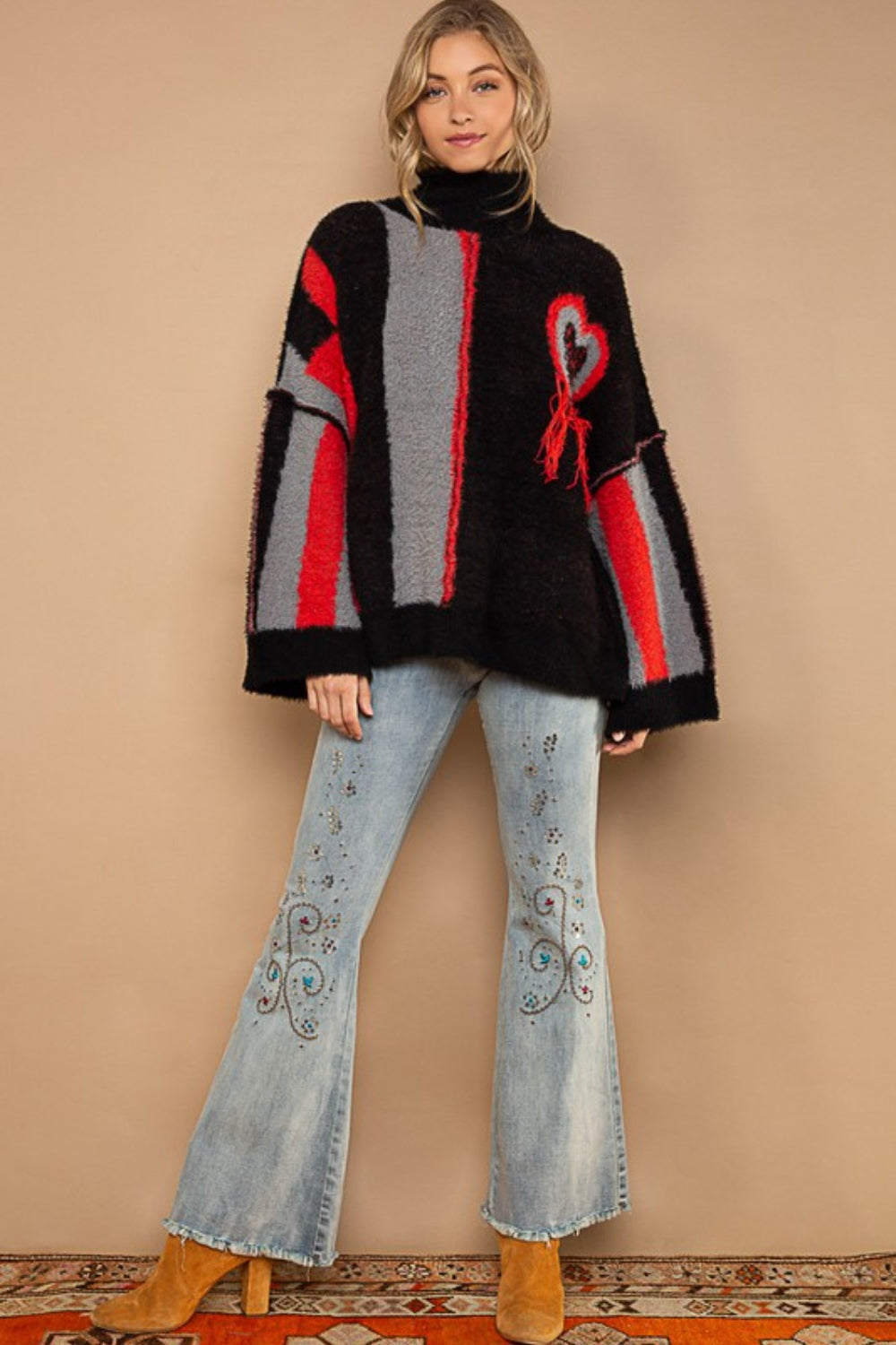 POL Turtleneck Color Block Fringe Detail Sweater POL Turtleneck Color Block Fringe Detail Sweater - TopFashionHQ