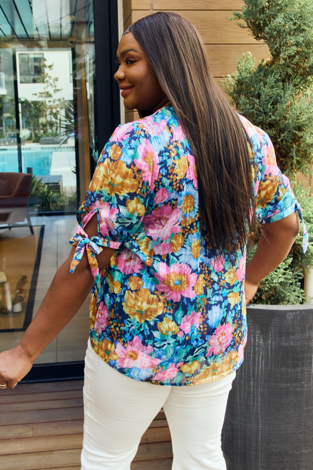 Petal Dew Full Size Floral V-Neck Tie Detail Blouse Petal Dew Full Size Floral V-Neck Tie Detail Blouse - TopFashionHQ