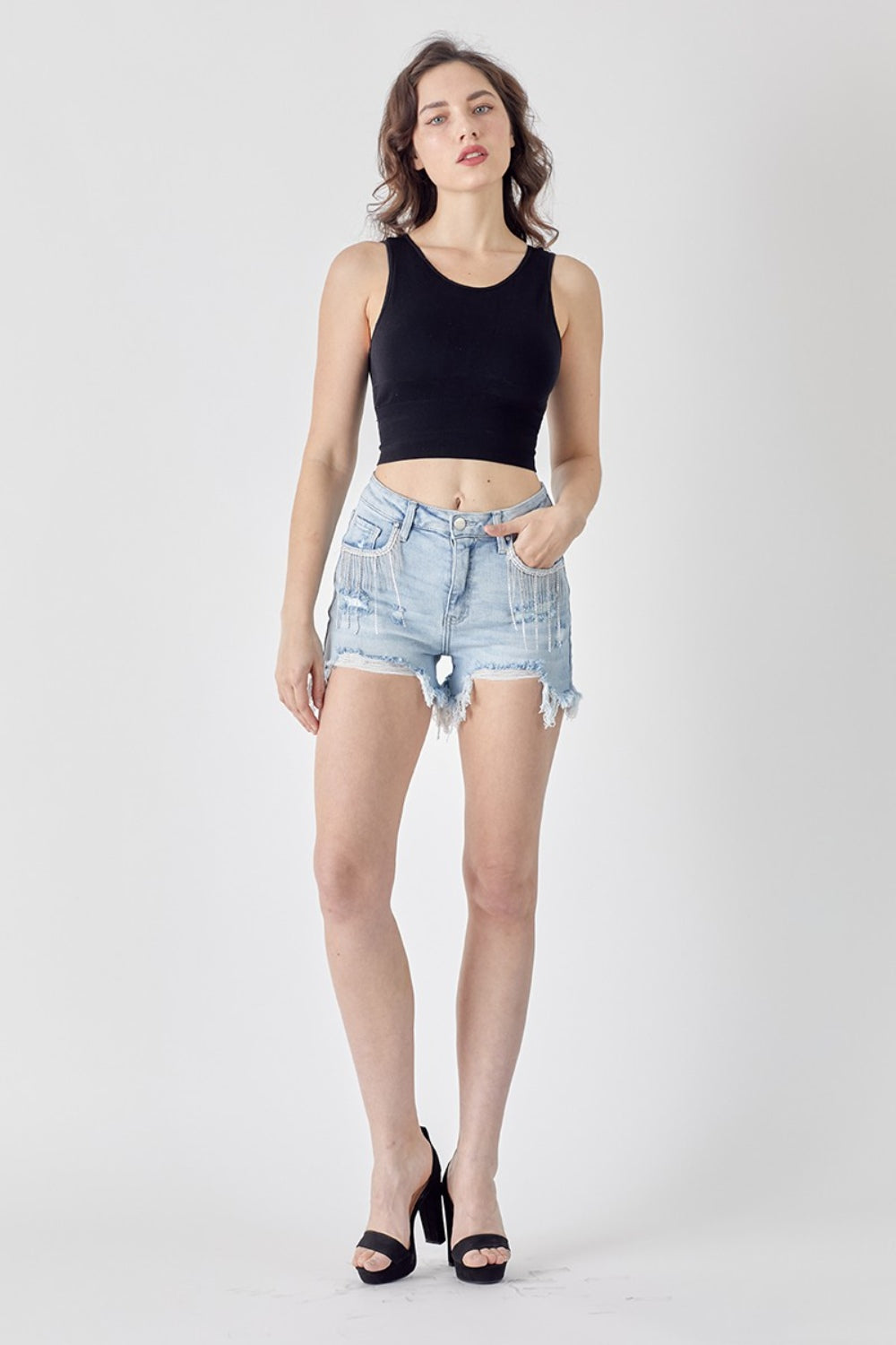 RISEN Frayed Hem Denim Shorts with Fringe Detail Pockets RISEN Frayed Hem Denim Shorts with Fringe Detail Pockets - TopFashionHQ