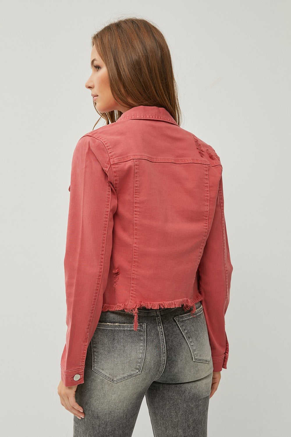 RISEN Raw Hem Button Up Cropped Denim Jacket RISEN Raw Hem Button Up Cropped Denim Jacket - TopFashionHQ