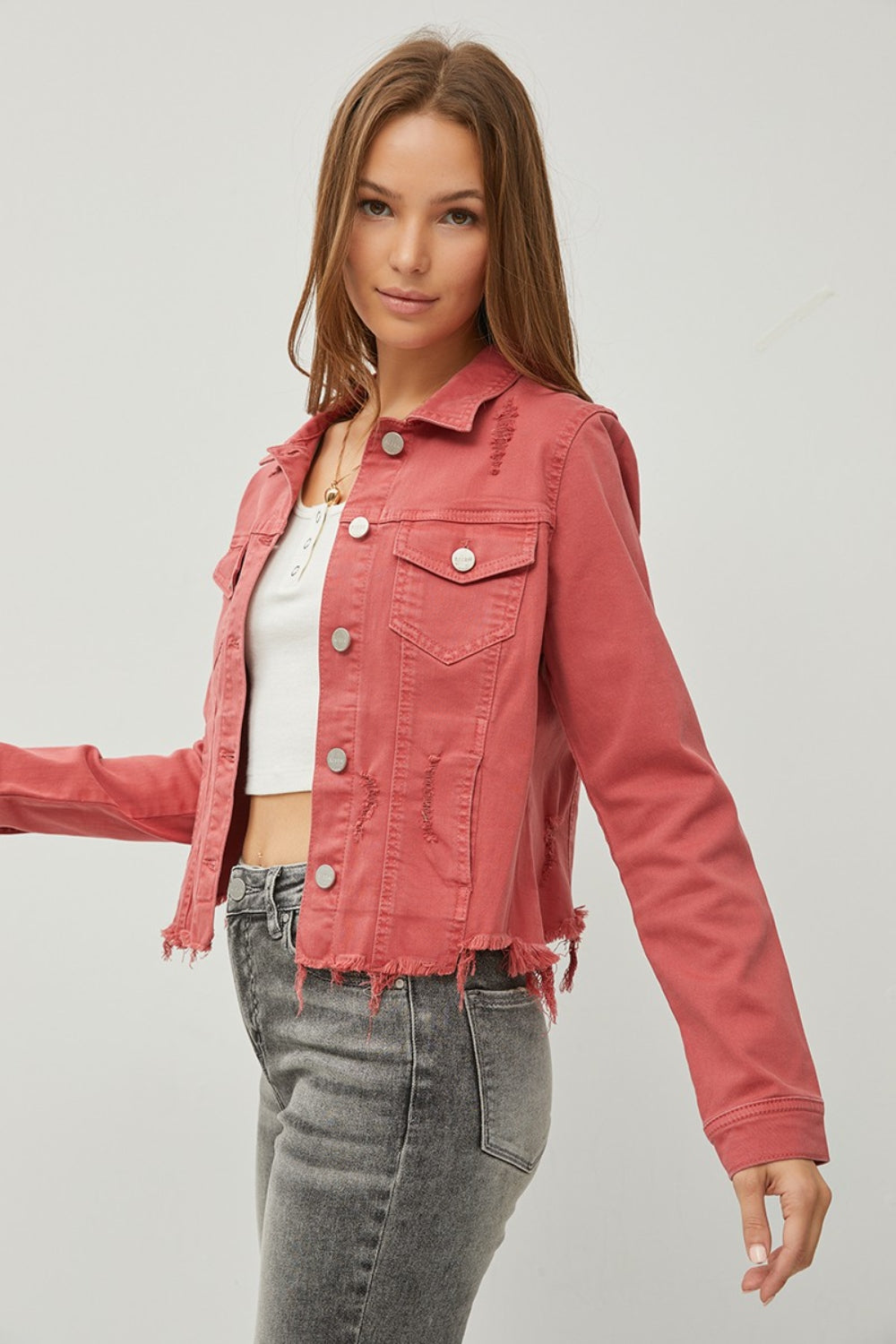 RISEN Raw Hem Button Up Cropped Denim Jacket RISEN Raw Hem Button Up Cropped Denim Jacket - TopFashionHQ