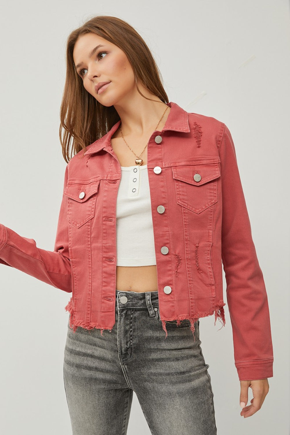 RISEN Raw Hem Button Up Cropped Denim Jacket RISEN Raw Hem Button Up Cropped Denim Jacket - TopFashionHQ