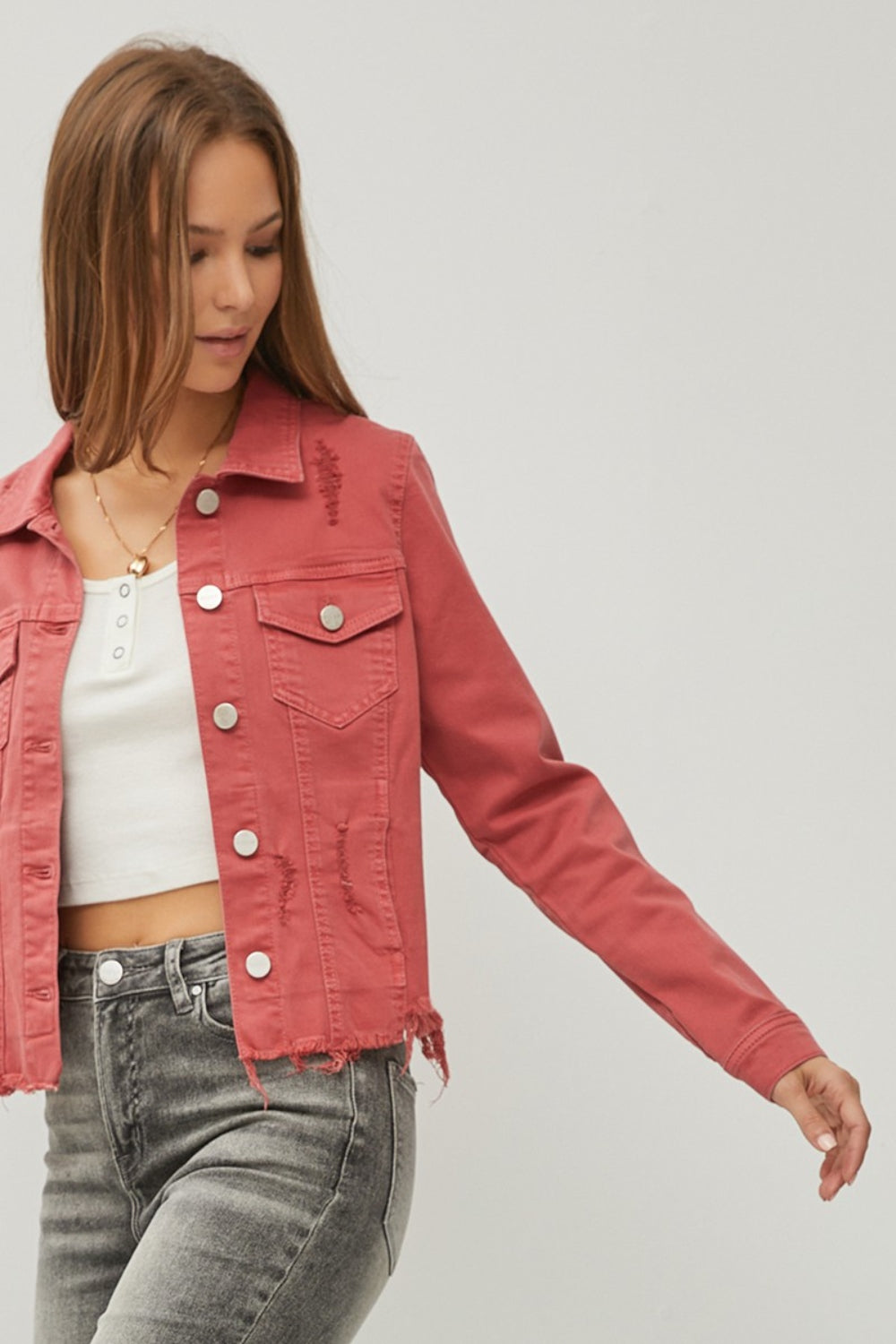 RISEN Raw Hem Button Up Cropped Denim Jacket RISEN Raw Hem Button Up Cropped Denim Jacket - TopFashionHQ