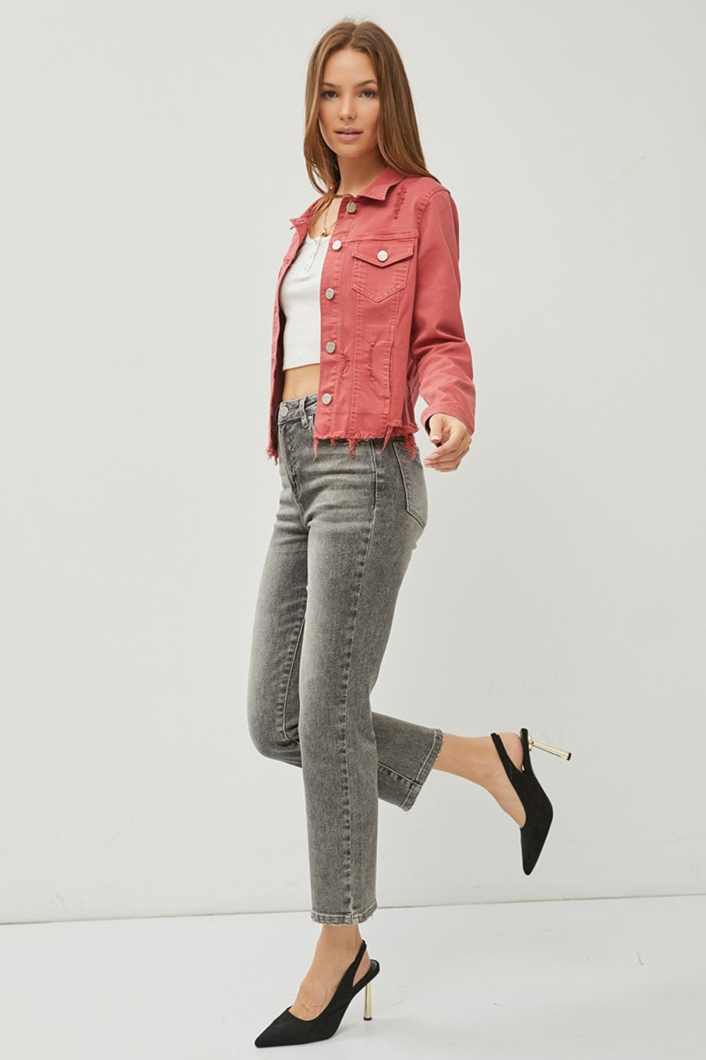 RISEN Raw Hem Button Up Cropped Denim Jacket RISEN Raw Hem Button Up Cropped Denim Jacket - TopFashionHQ