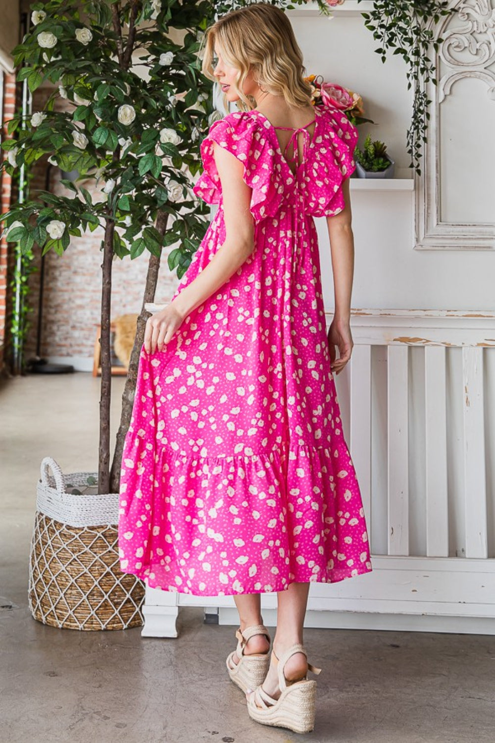 Reborn J Printed V-Neck Ruffle Trim Tiered Midi Dress Reborn J Printed V-Neck Ruffle Trim Tiered Midi Dress - TopFashionHQ