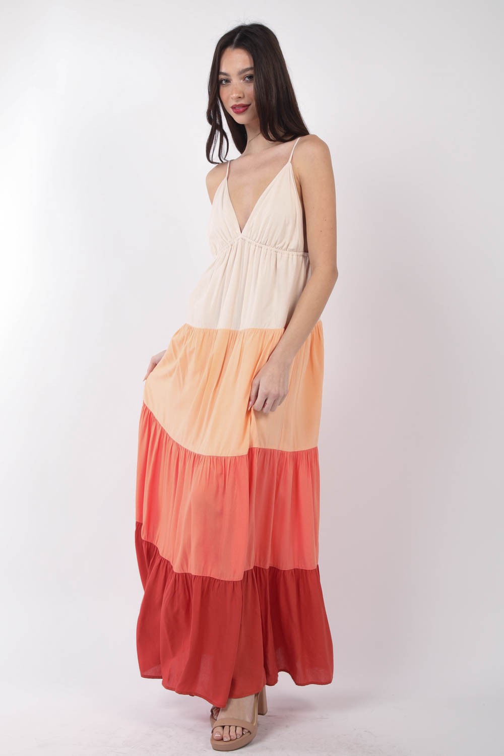 VERY J Color Block Tiered Maxi Cami Dress VERY J Color Block Tiered Maxi Cami Dress - TopFashionHQ