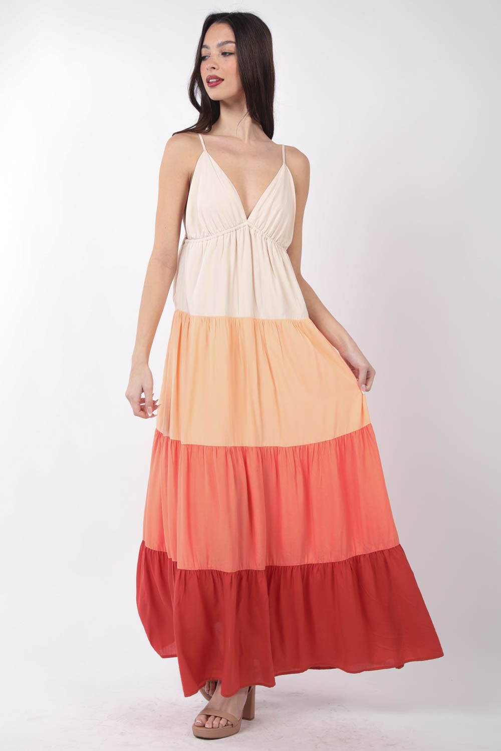 VERY J Color Block Tiered Maxi Cami Dress VERY J Color Block Tiered Maxi Cami Dress - TopFashionHQ