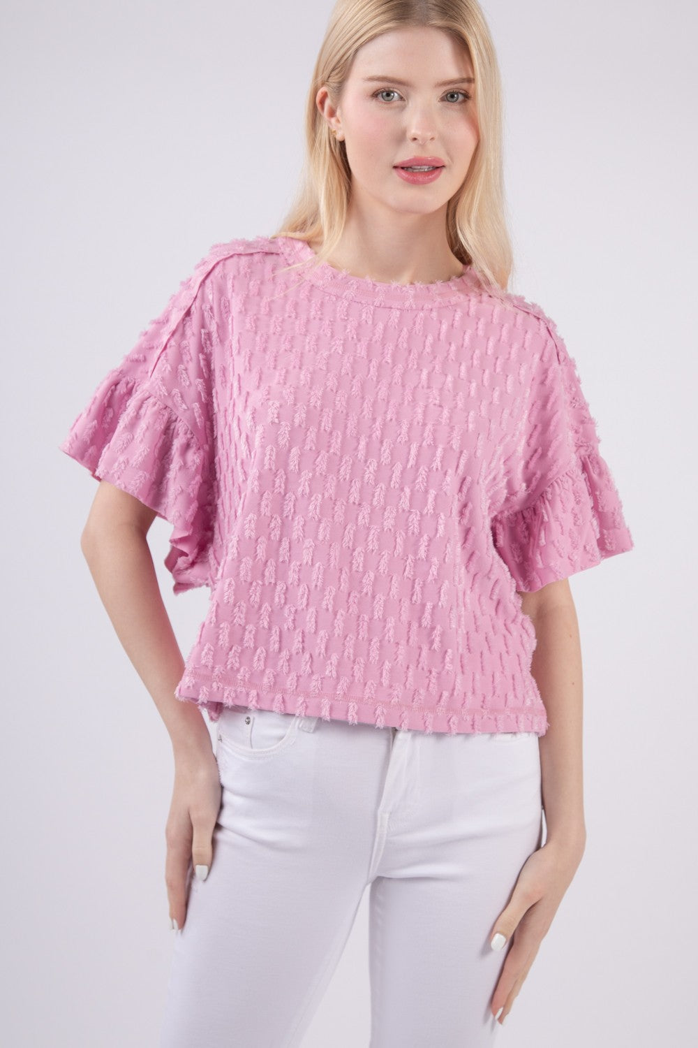 VERY J Full Size Texture Ruffle Short Sleeve Top VERY J Full Size Texture Ruffle Short Sleeve Top - TopFashionHQ