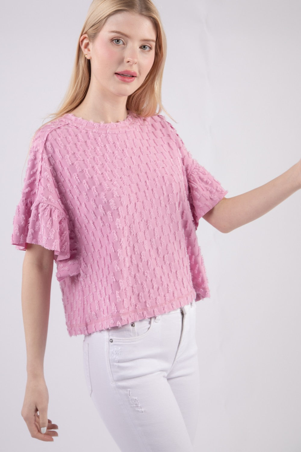VERY J Full Size Texture Ruffle Short Sleeve Top VERY J Full Size Texture Ruffle Short Sleeve Top - TopFashionHQ