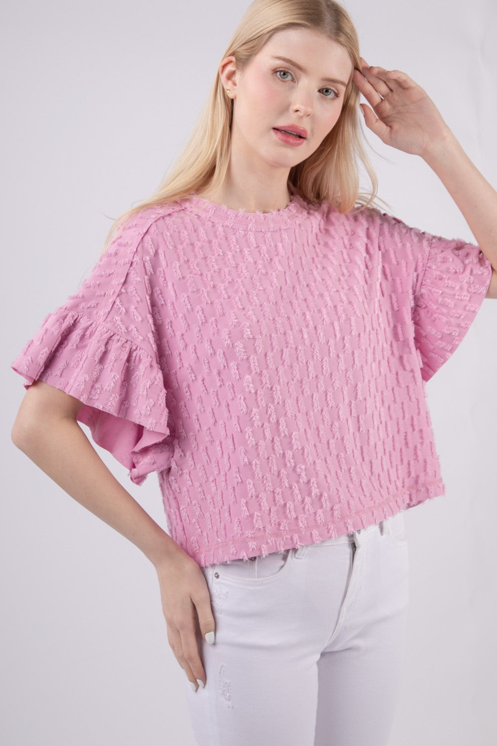 VERY J Full Size Texture Ruffle Short Sleeve Top VERY J Full Size Texture Ruffle Short Sleeve Top - TopFashionHQ
