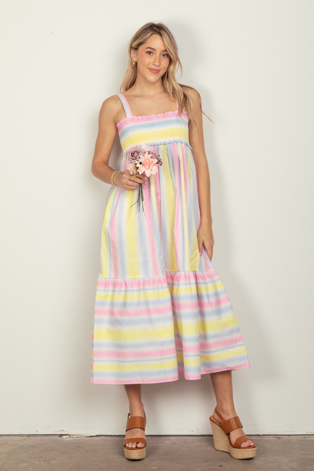VERY J Striped Woven Smocked Midi Cami Dress VERY J Striped Woven Smocked Midi Cami Dress - TopFashionHQ