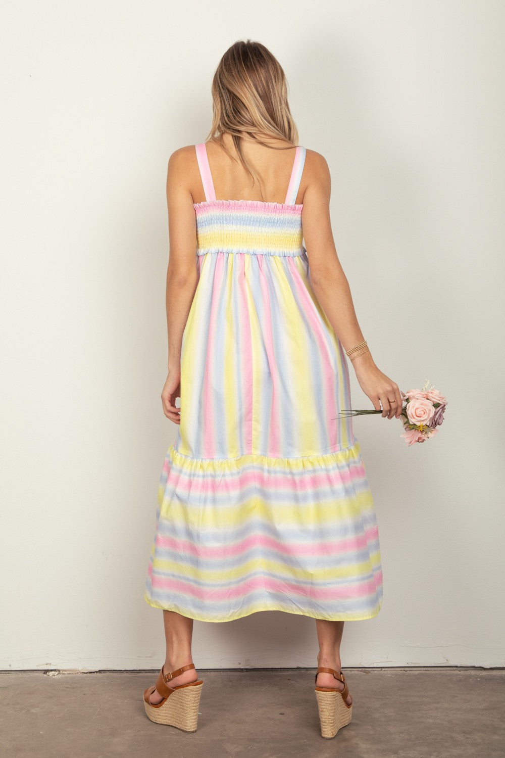 VERY J Striped Woven Smocked Midi Cami Dress VERY J Striped Woven Smocked Midi Cami Dress - TopFashionHQ