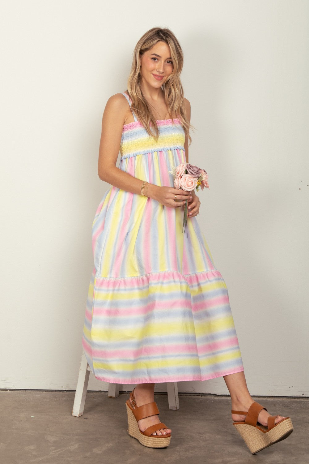 VERY J Striped Woven Smocked Midi Cami Dress VERY J Striped Woven Smocked Midi Cami Dress - TopFashionHQ