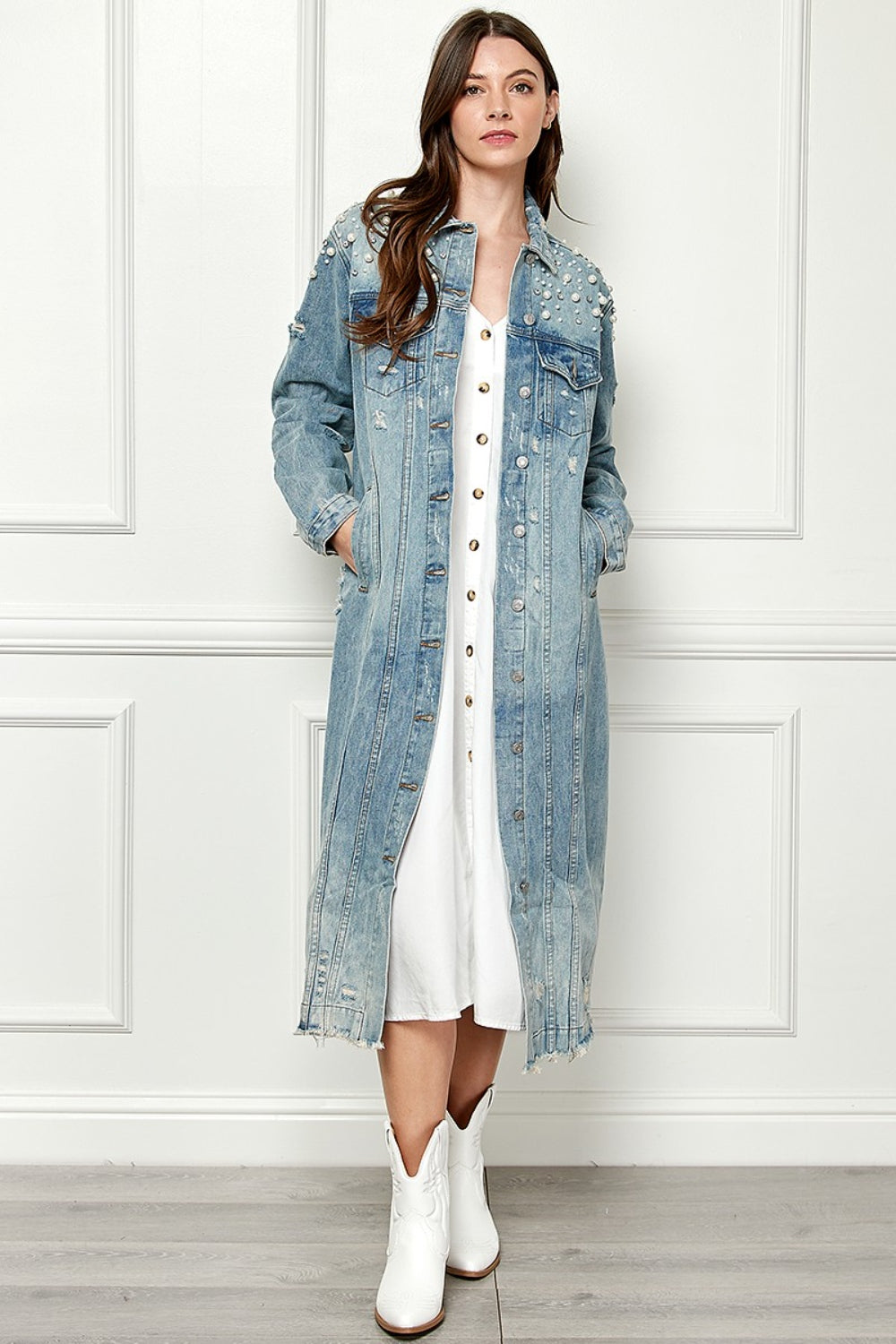 Veveret Full Size Distressed Raw Hem Pearl Detail Button Up Jacket Veveret Full Size Distressed Raw Hem Pearl Detail Button Up Jacket - TopFashionHQ