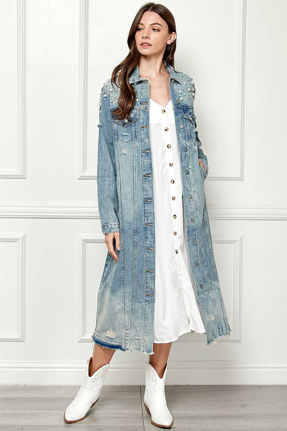 Veveret Full Size Distressed Raw Hem Pearl Detail Button Up Jacket Veveret Full Size Distressed Raw Hem Pearl Detail Button Up Jacket - TopFashionHQ