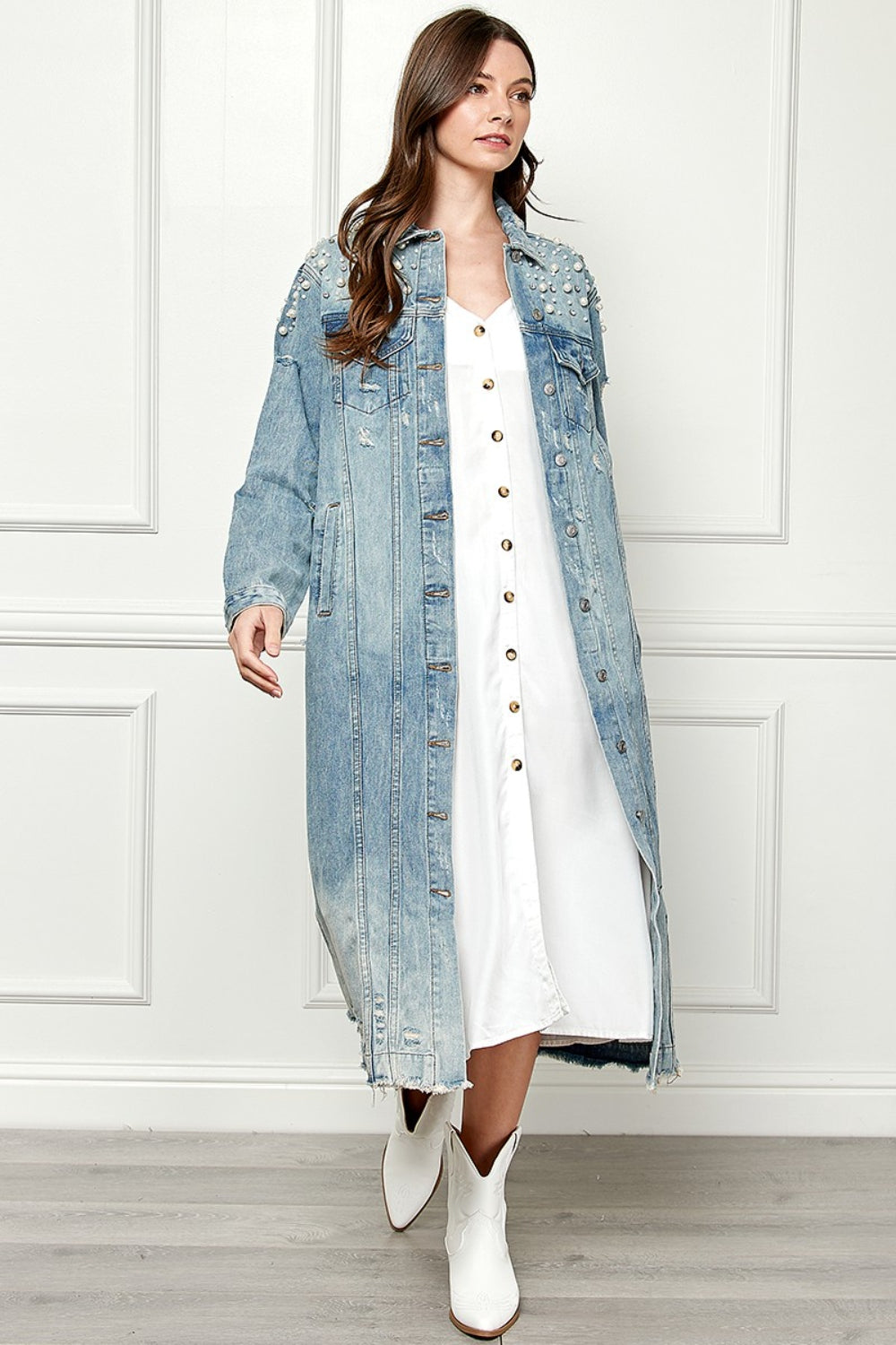 Veveret Full Size Distressed Raw Hem Pearl Detail Button Up Jacket Veveret Full Size Distressed Raw Hem Pearl Detail Button Up Jacket - TopFashionHQ