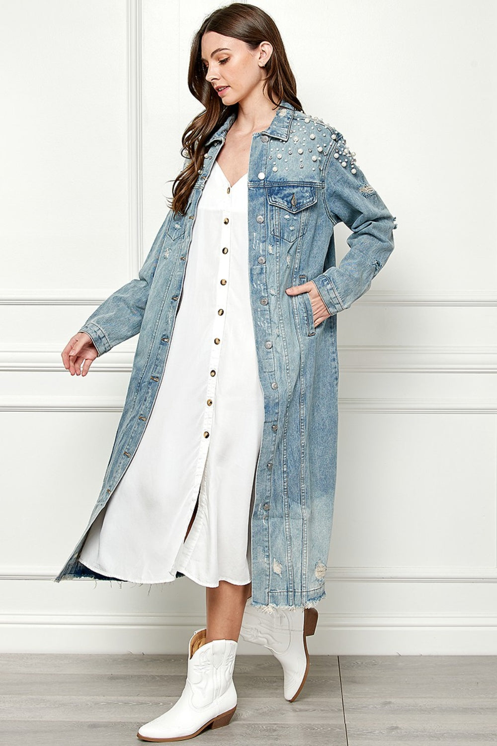 Veveret Full Size Distressed Raw Hem Pearl Detail Button Up Jacket Veveret Full Size Distressed Raw Hem Pearl Detail Button Up Jacket - TopFashionHQ