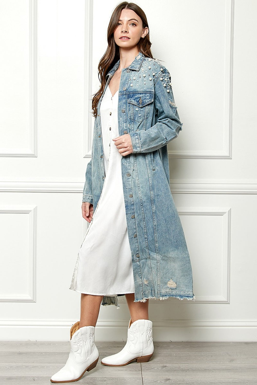 Veveret Full Size Distressed Raw Hem Pearl Detail Button Up Jacket Veveret Full Size Distressed Raw Hem Pearl Detail Button Up Jacket - TopFashionHQ