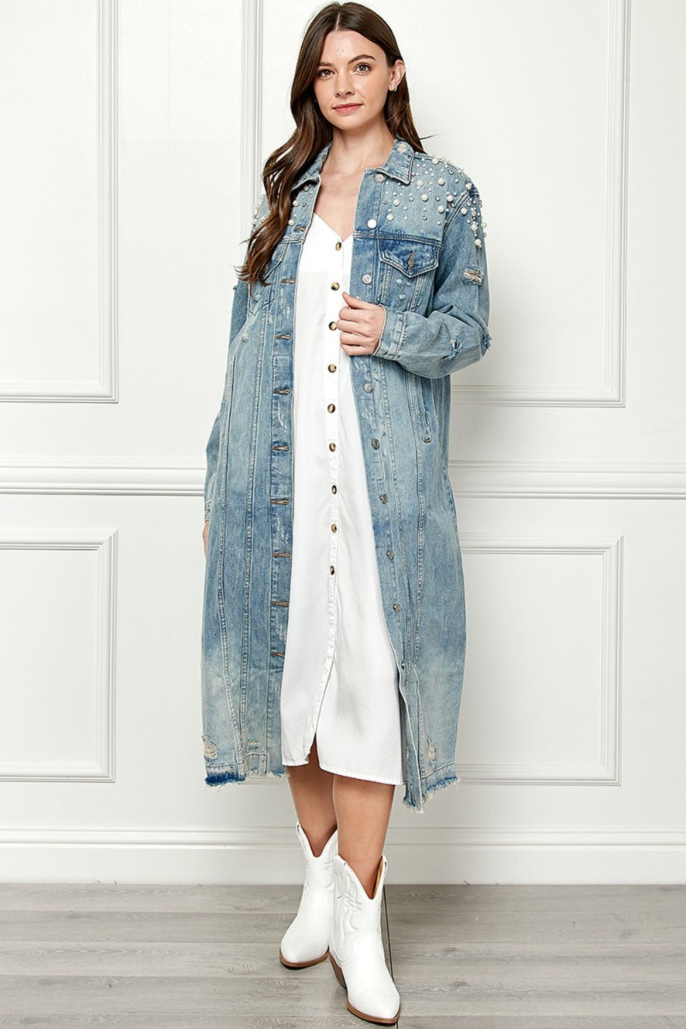 Veveret Full Size Distressed Raw Hem Pearl Detail Button Up Jacket Veveret Full Size Distressed Raw Hem Pearl Detail Button Up Jacket - TopFashionHQ