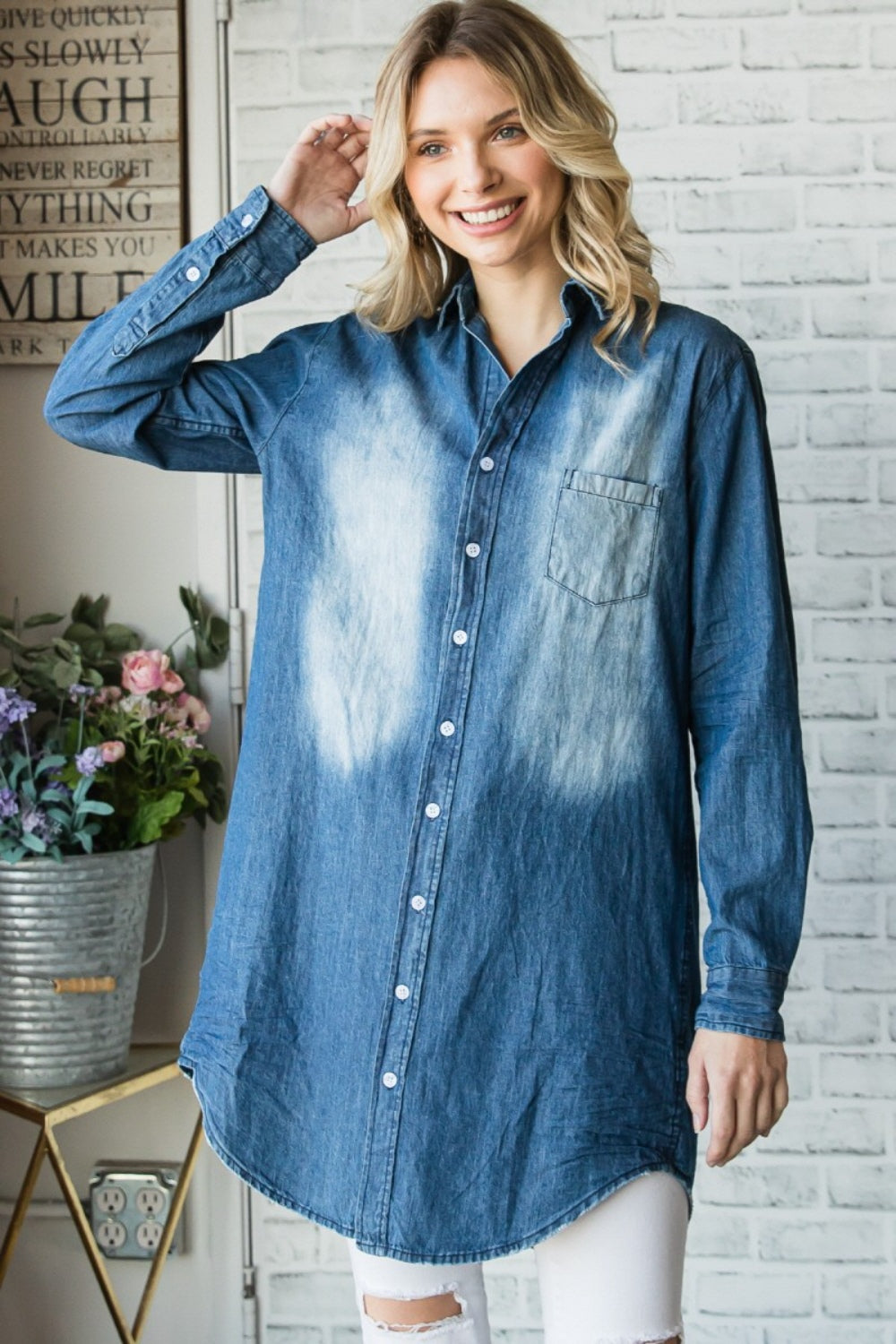 Veveret Pocketed Button Up Washed Denim Shirt Veveret Pocketed Button Up Washed Denim Shirt - TopFashionHQ