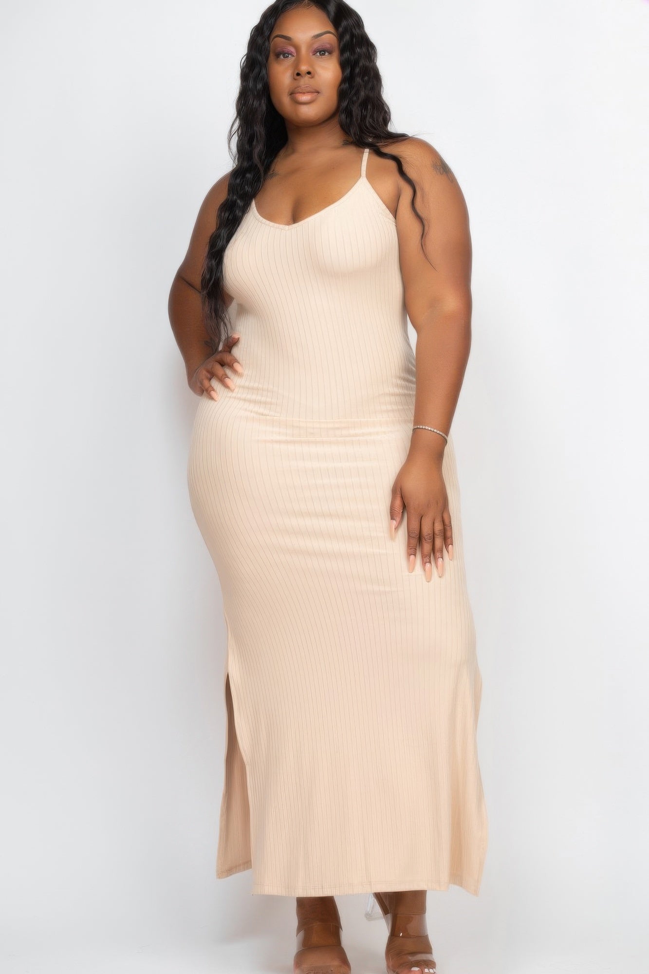 Plus Size Ribbed Side Slit Long Cami Maxi Dress product image