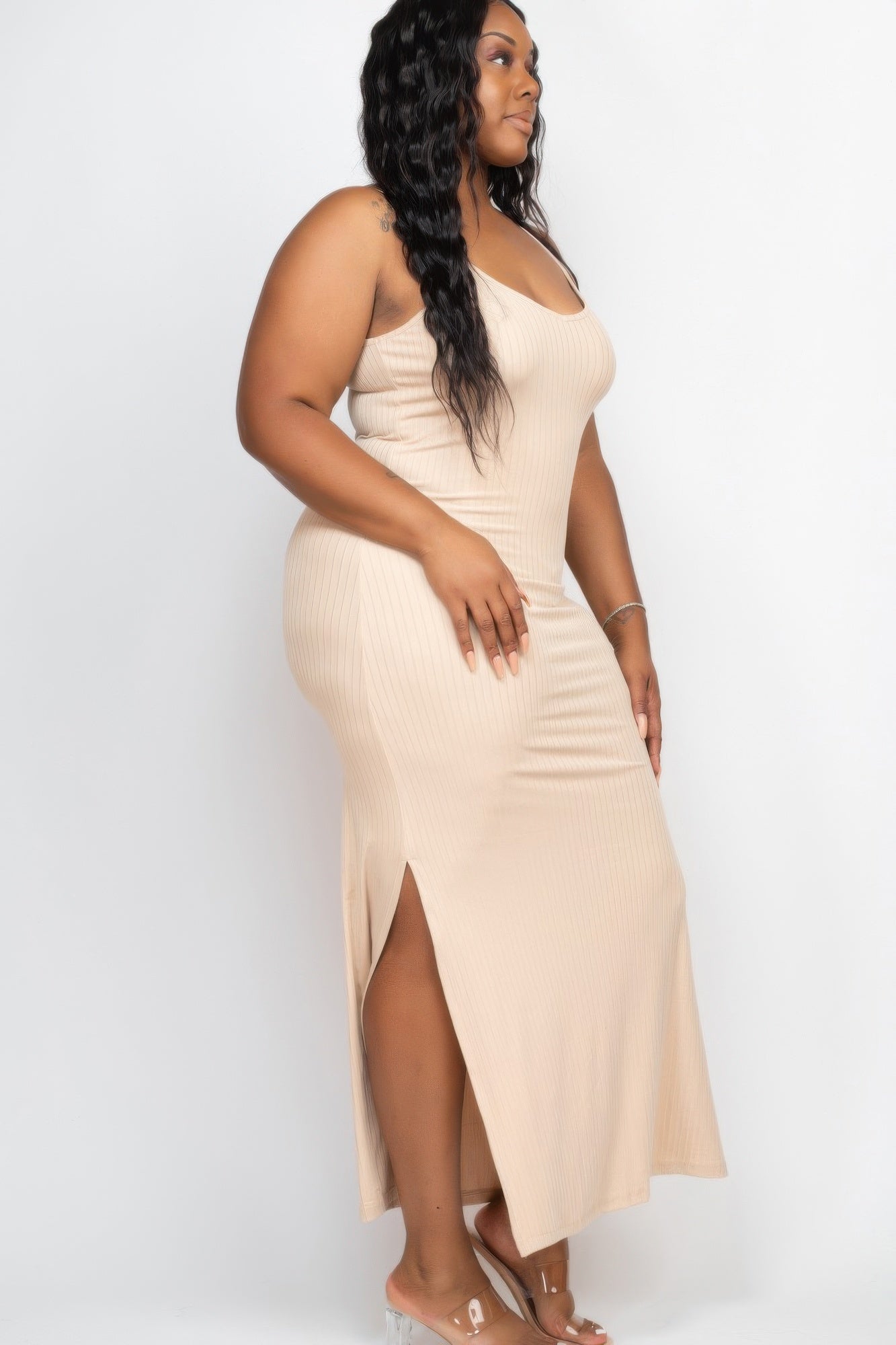 Plus Size Ribbed Side Slit Long Cami Maxi Dress product image