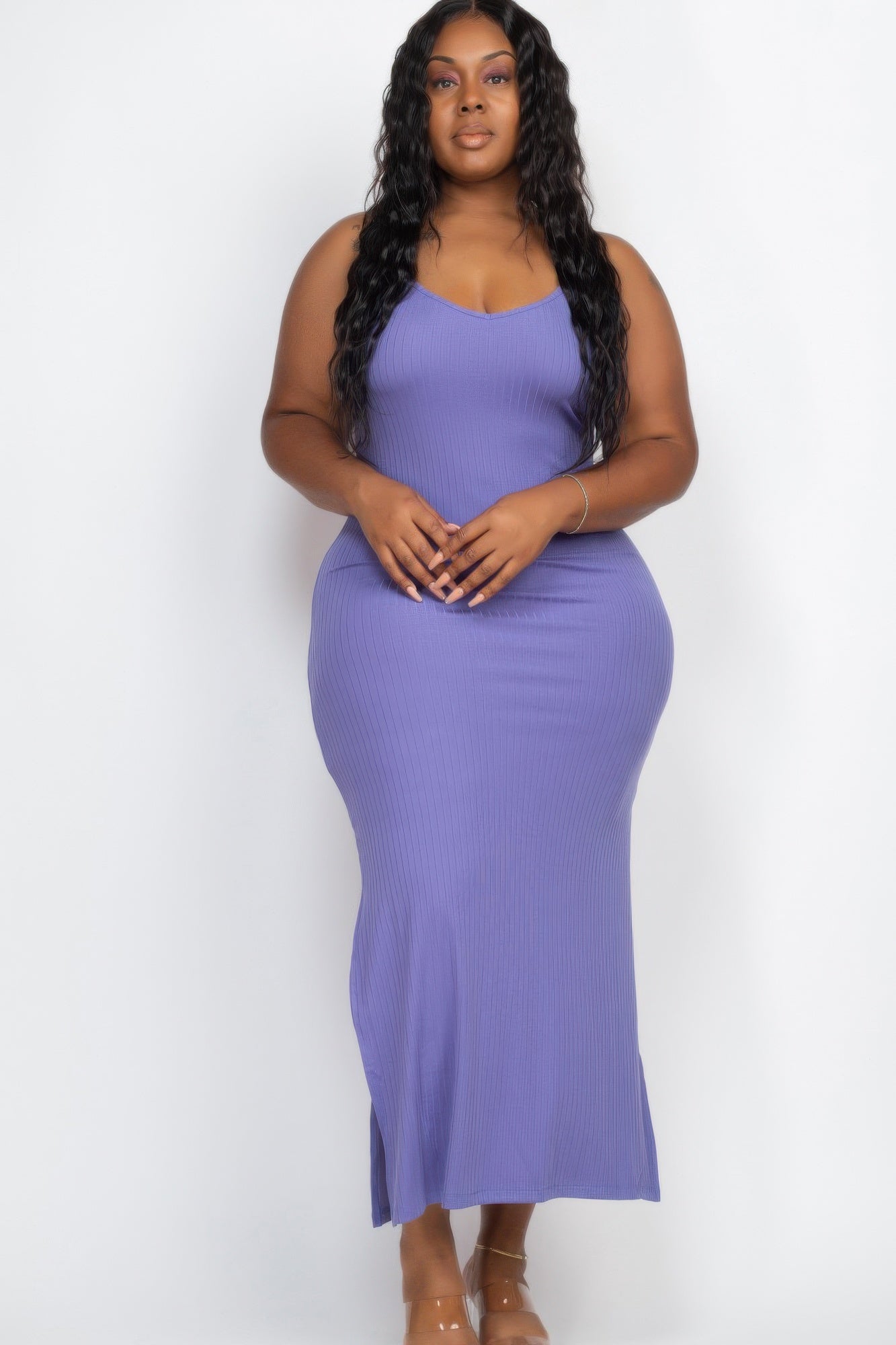 Plus Size Ribbed Side Slit Long Cami Maxi Dress product image