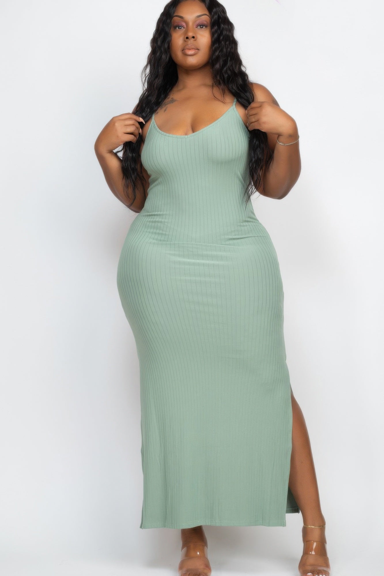 Plus Size Ribbed Side Slit Long Cami Maxi Dress product image