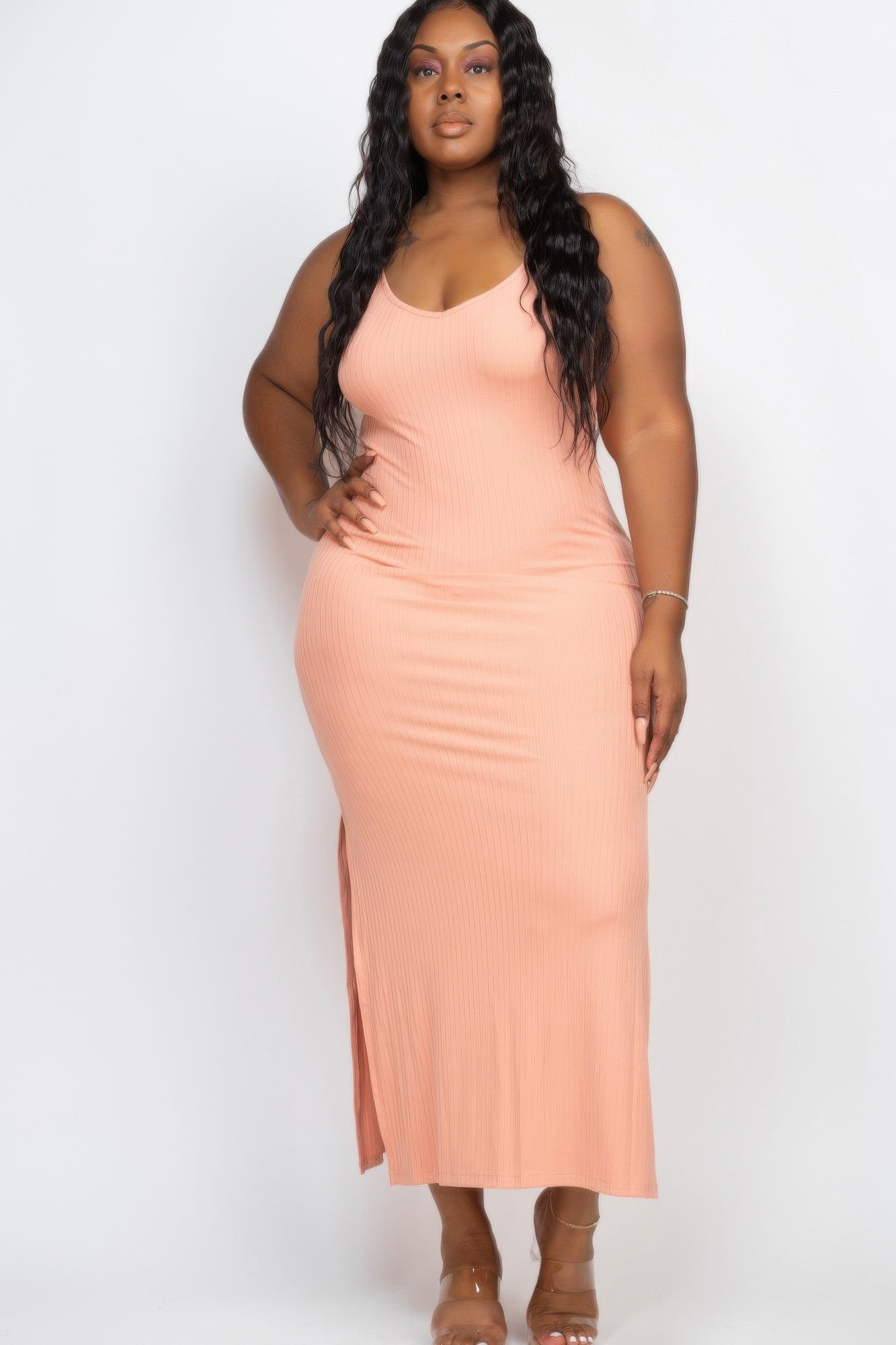 Plus Size Ribbed Side Slit Long Cami Maxi Dress product image