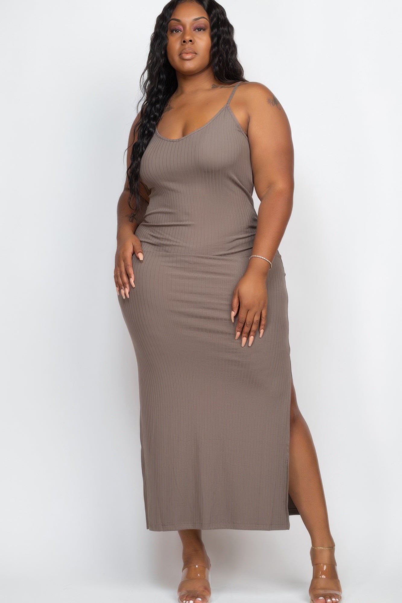 Plus Size Ribbed Side Slit Long Cami Maxi Dress product image