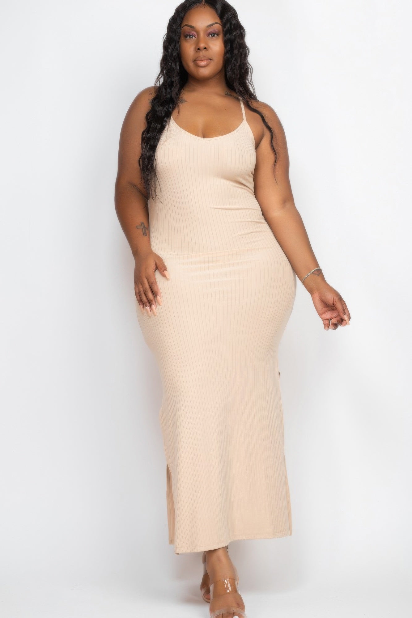 Plus Size Ribbed Side Slit Long Cami Maxi Dress product image