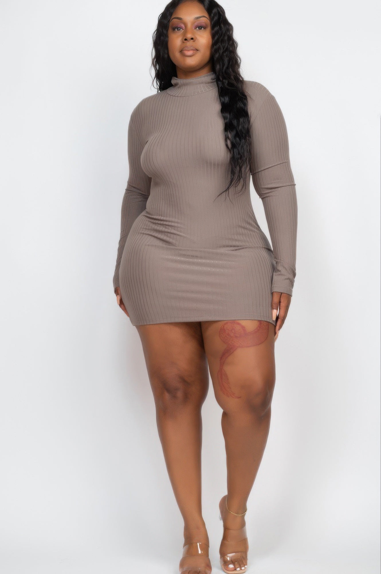 Plus Size Ribbed Long Sleeve Mock Neck Mini Bodycon Dress product image