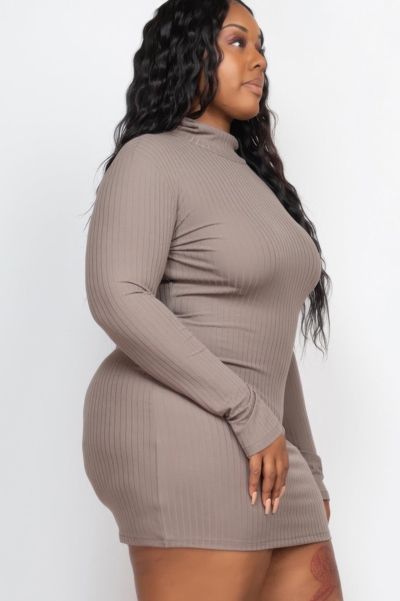 Plus Size Ribbed Long Sleeve Mock Neck Mini Bodycon Dress product image