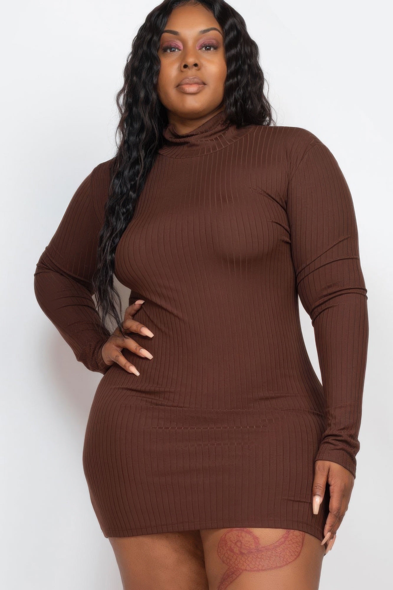 Plus Size Ribbed Long Sleeve Mock Neck Mini Bodycon Dress product image