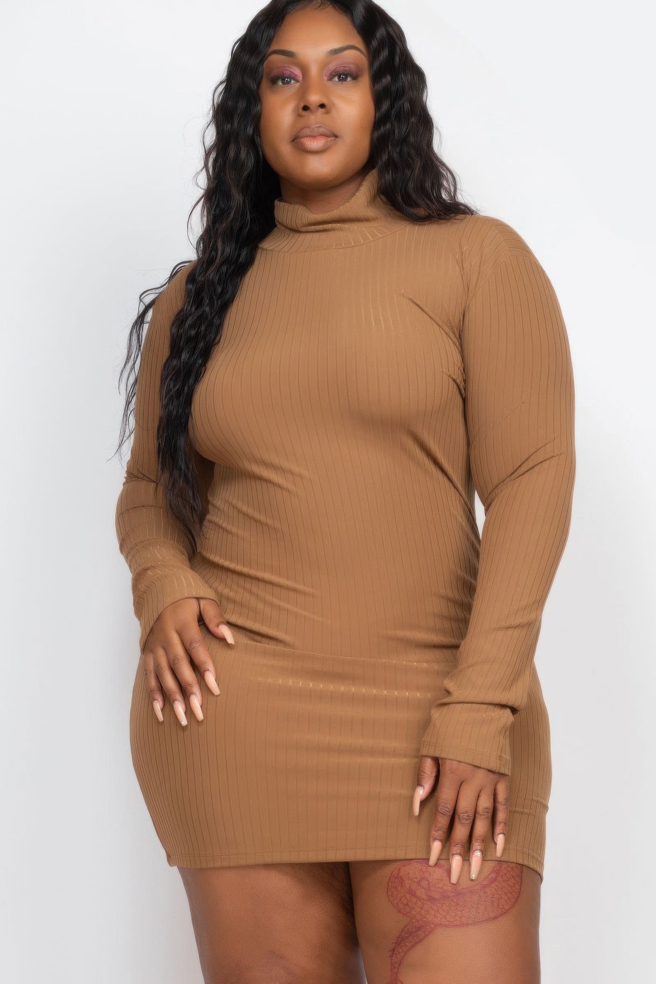 Plus Size Ribbed Long Sleeve Mock Neck Mini Bodycon Dress product image