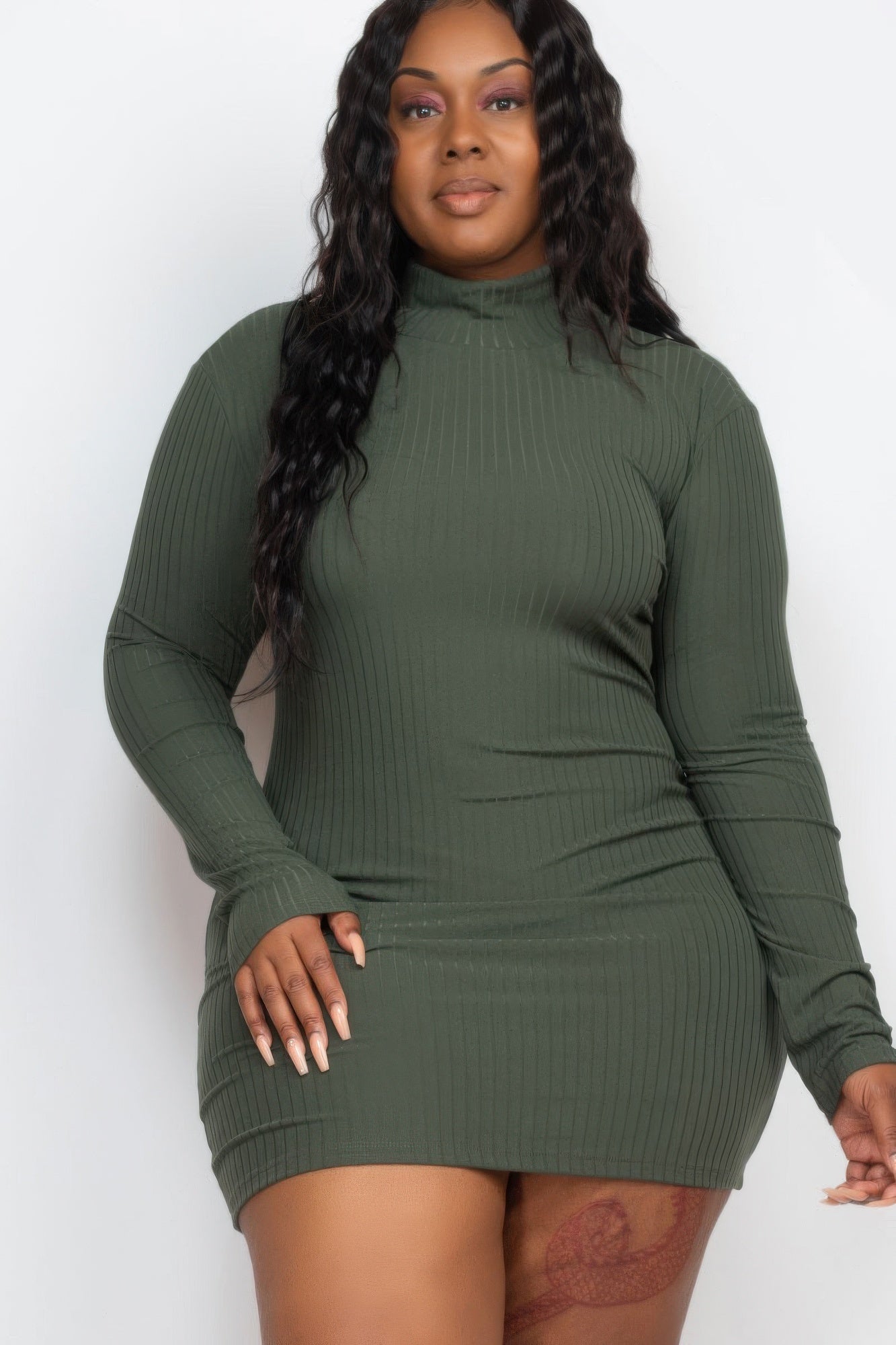 Plus Size Ribbed Long Sleeve Mock Neck Mini Bodycon Dress product image
